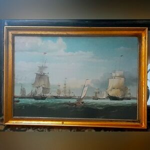 Vintage Boston Harbor Art by Fitz Henry Lane Print Board Orig Gold Frame 25×34in